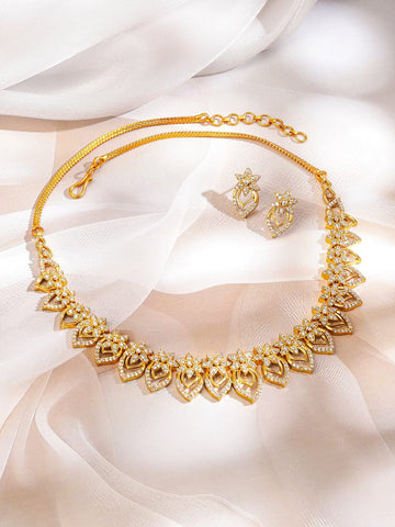 Rubans 22K Gold-Plated White Cubic Zirconia Studded Lotus Motif Necklace Set for Women Jewellery Set