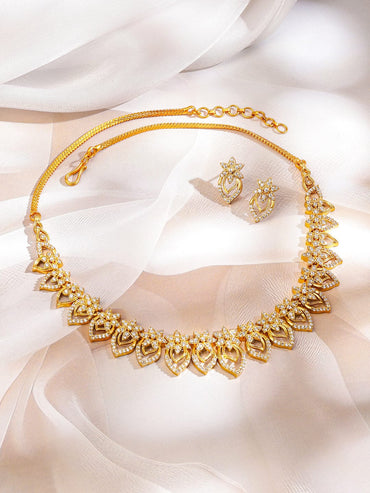 Rubans 22K Gold-Plated White Cubic Zirconia Studded Lotus Motif Necklace Set for Women Jewellery Set