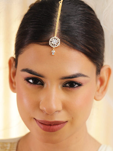 Rubans 22K Gold-Plated White Cubic Zirconia Studded Maang Tikka Head Jewellery