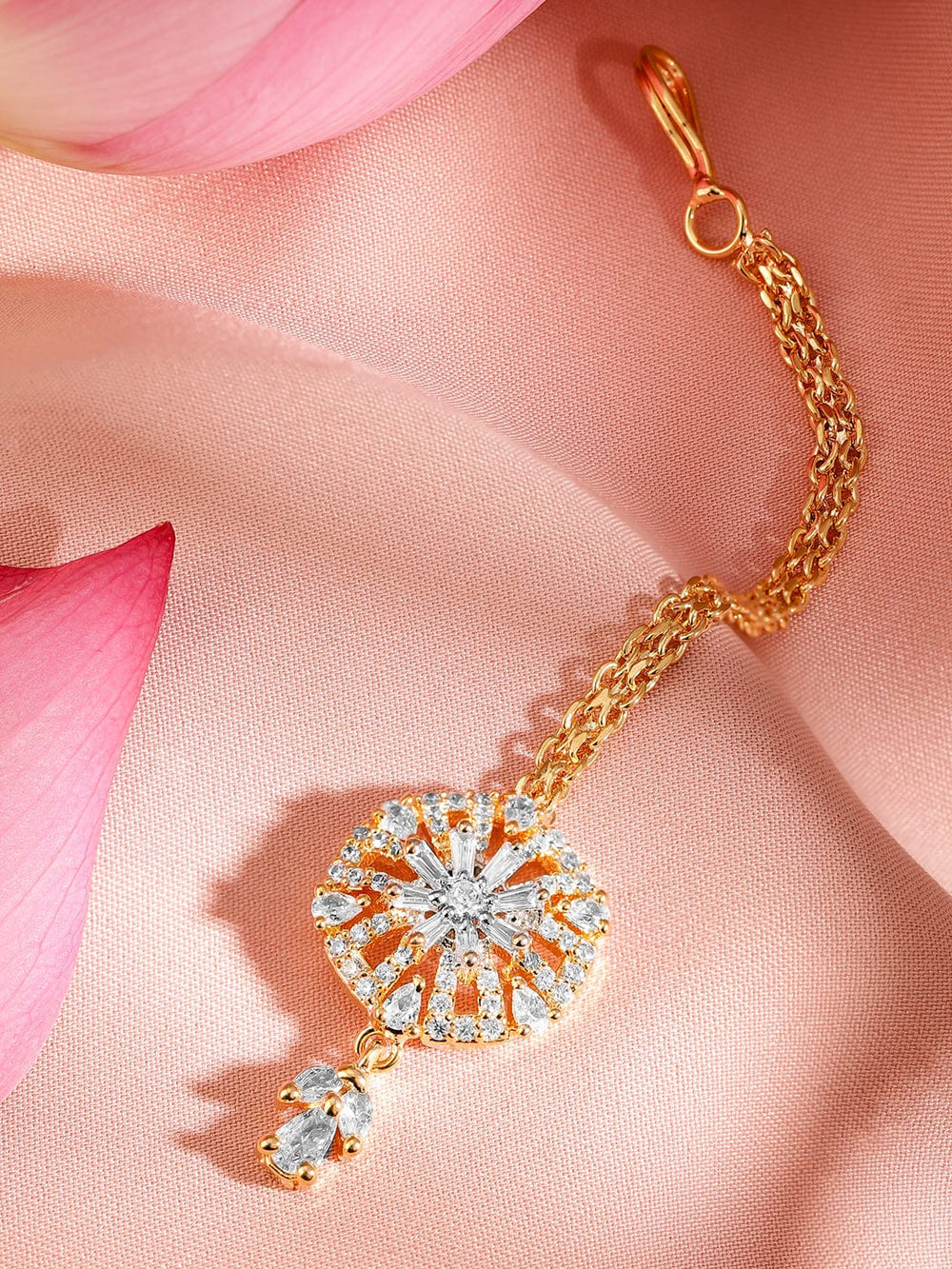 Rubans 22K Gold-Plated White Cubic Zirconia Studded Maang Tikka Head Jewellery