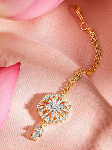 Rubans 22K Gold-Plated White Cubic Zirconia Studded Maang Tikka Head Jewellery