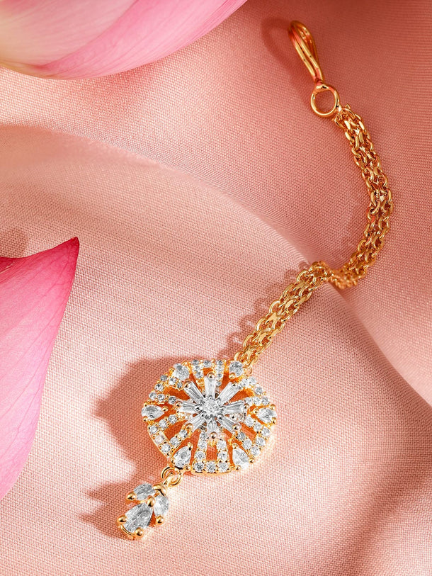 Rubans 22K Gold-Plated White Cubic Zirconia Studded Maang Tikka Head Jewellery