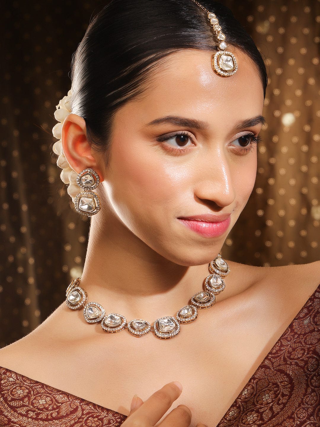 Rubans 22K Gold-Plated White Cubic Zirconia Studded Necklace, Earrings & Maangtikka Set for Women Necklace Set