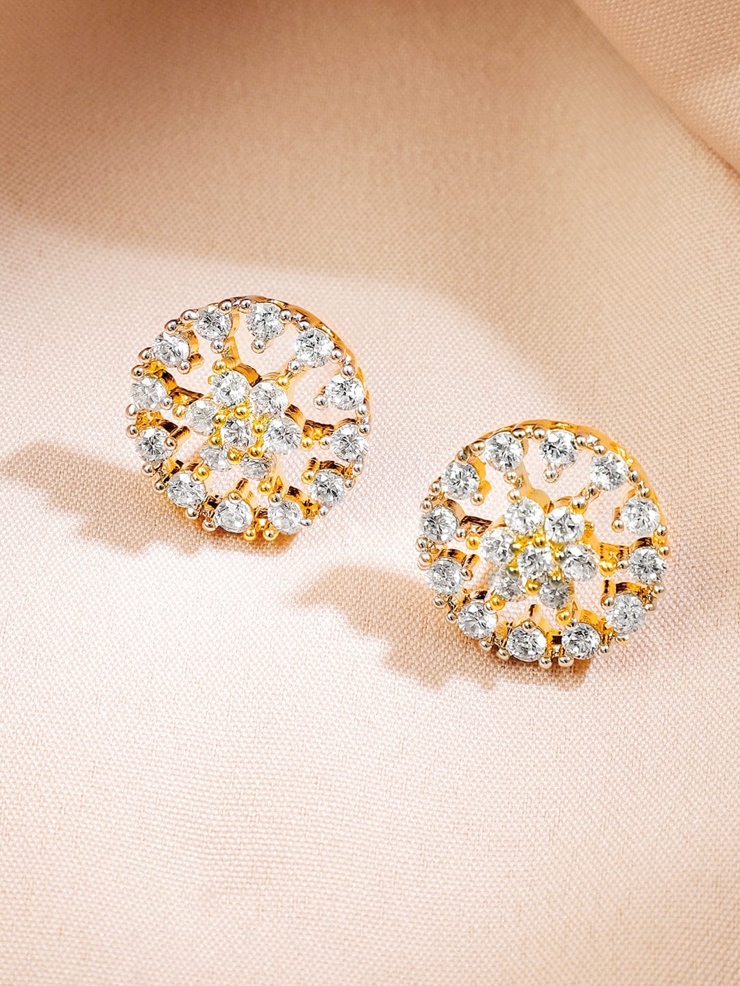 Rubans 22K Gold-Plated White Cubic Zirconia Studded Round Floral Pendant Necklace Set for Women Jewellery Set