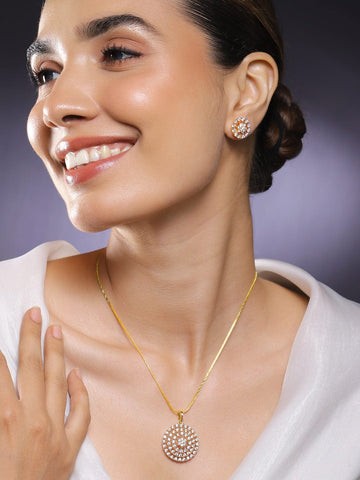 Rubans 22K Gold-Plated White Cubic Zirconia Studded Round Floral Pendant Necklace Set for Women Jewellery Set