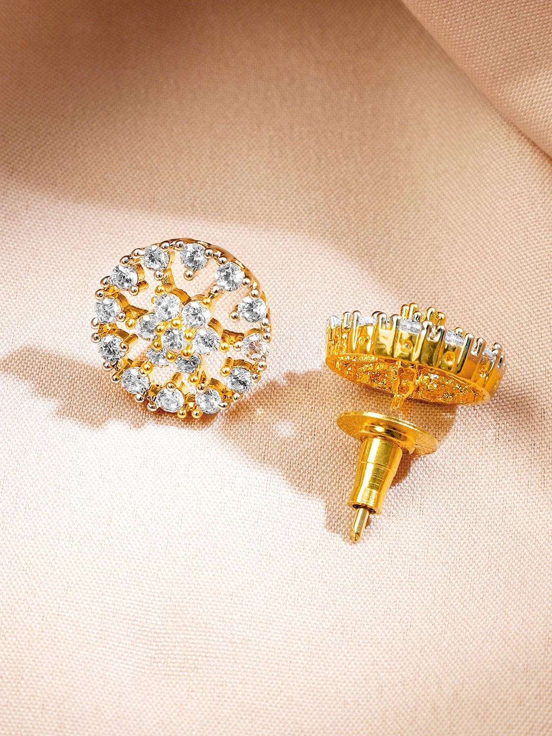 Rubans 22K Gold-Plated White Cubic Zirconia Studded Round Floral Pendant Necklace Set for Women Jewellery Set