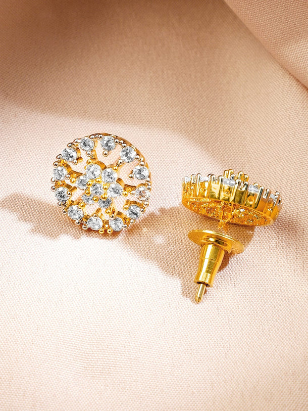 Rubans 22K Gold-Plated White Cubic Zirconia Studded Round Floral Pendant Necklace Set for Women Jewellery Set