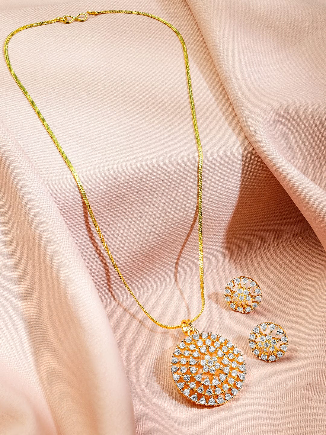 Rubans 22K Gold-Plated White Cubic Zirconia Studded Round Floral Pendant Necklace Set for Women Jewellery Set