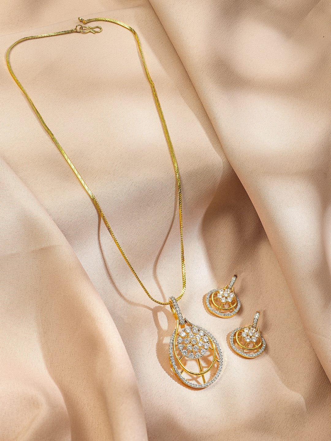 Rubans 22K Gold-Plated White Cubic Zirconia Studded Teardrop Floral Pendant Necklace Set Jewellery Set