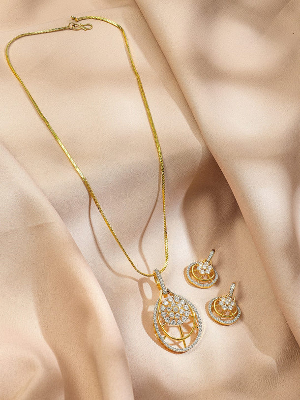 Rubans 22K Gold-Plated White Cubic Zirconia Studded Teardrop Floral Pendant Necklace Set Jewellery Set