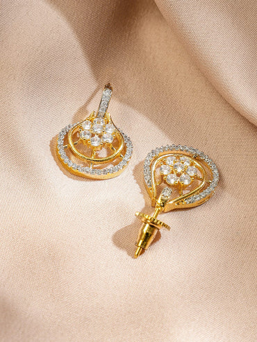 Rubans 22K Gold-Plated White Cubic Zirconia Studded Teardrop Floral Pendant Necklace Set Jewellery Set