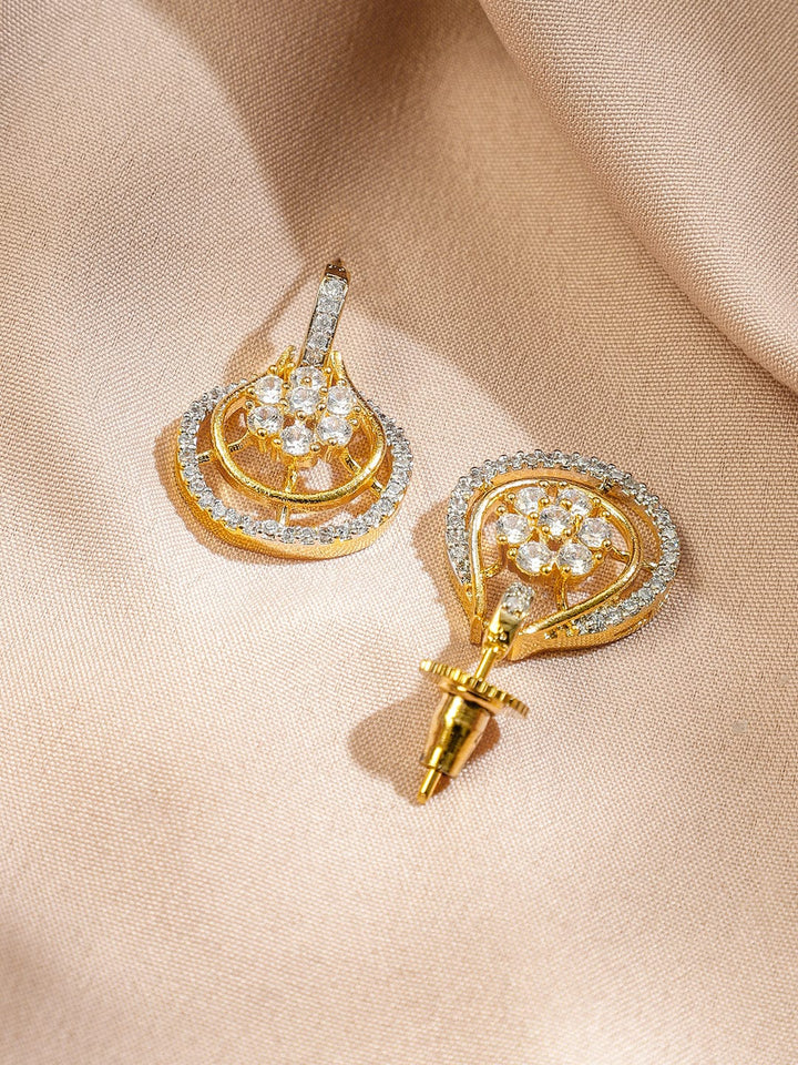 Rubans 22K Gold-Plated White Cubic Zirconia Studded Teardrop Floral Pendant Necklace Set Jewellery Set