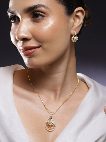 Rubans 22K Gold-Plated White Cubic Zirconia Studded Teardrop Floral Pendant Necklace Set Jewellery Set