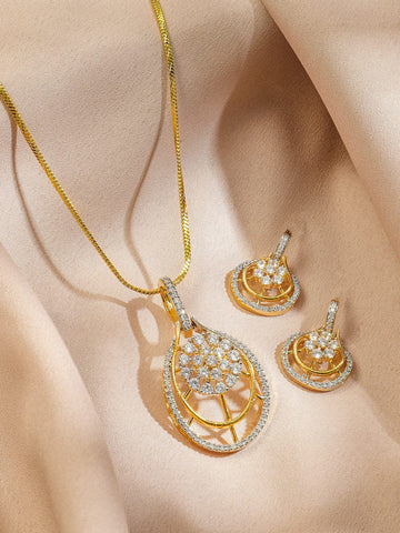Rubans 22K Gold-Plated White Cubic Zirconia Studded Teardrop Floral Pendant Necklace Set Pendant Set