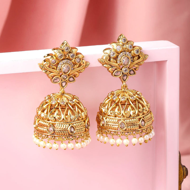 Rubans 22K Gold-Plated White Cubic Zirconia Studded Traditional Jhumka Earrings with Pearl Drops Jhumka Earrings