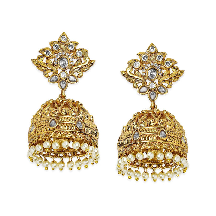 Rubans 22K Gold-Plated White Cubic Zirconia Studded Traditional Jhumka Earrings with Pearl Drops Jhumka Earrings