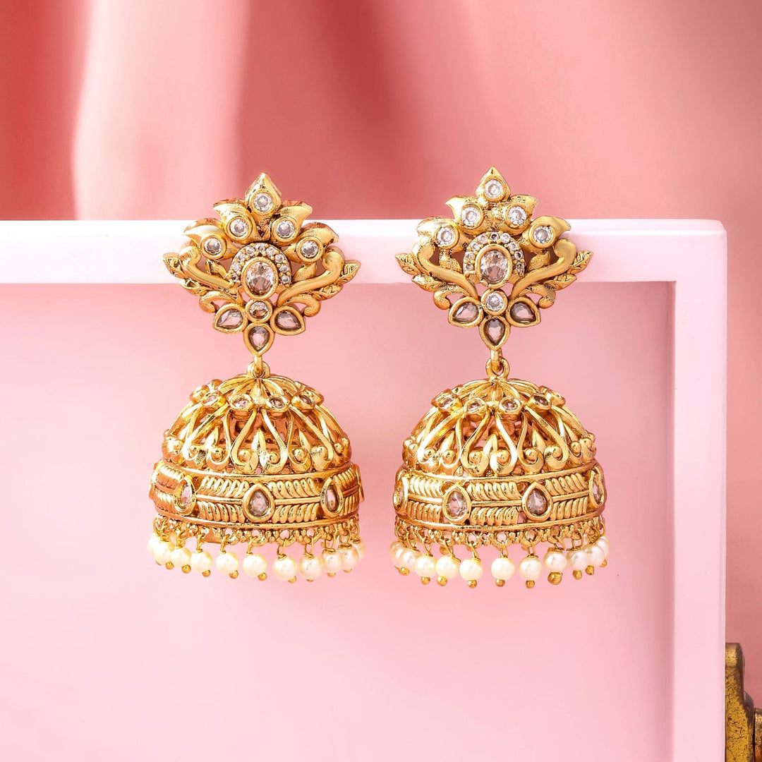 Rubans 22K Gold-Plated White Cubic Zirconia Studded Traditional Jhumka Earrings with Pearl Drops Jhumka Earrings