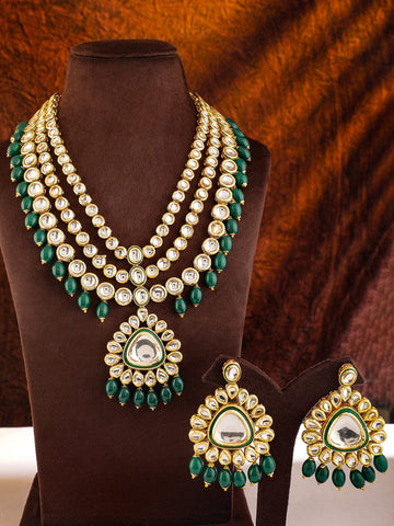 Rubans 22K Gold Plated White & Green Kundan Studded & Beaded Multilayered Jewellery Set Necklaces, Necklace Sets, Chains & Mangalsutra