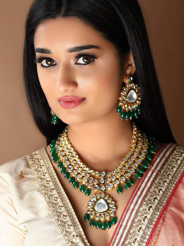 Rubans 22K Gold Plated White & Green Kundan Studded & Beaded Multilayered Jewellery Set Necklaces, Necklace Sets, Chains & Mangalsutra
