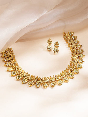 Rubans 22K Gold-Plated White & Green Kundan Studded Brass Temple Floral Necklace Set Jewellery Set