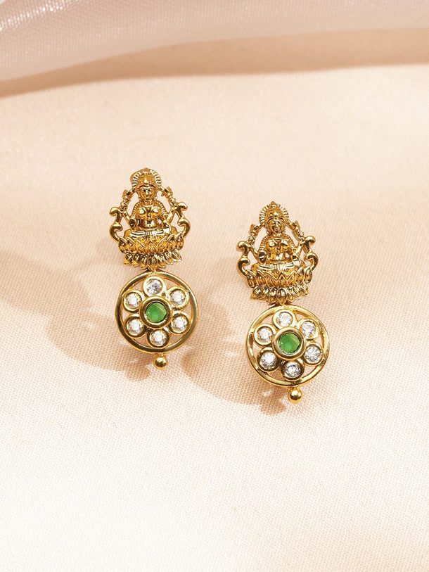 Rubans 22K Gold-Plated White & Green Kundan Studded Brass Temple Floral Necklace Set Jewellery Set