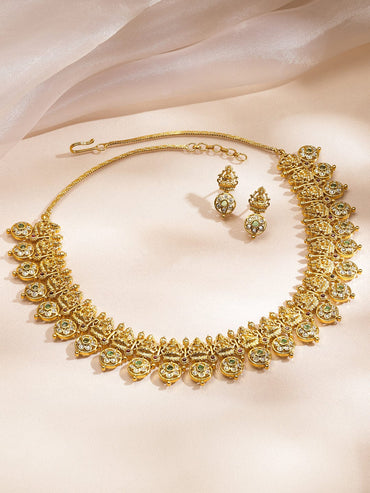 Rubans 22K Gold-Plated White & Green Kundan Studded Brass Temple Floral Necklace Set Jewellery Set
