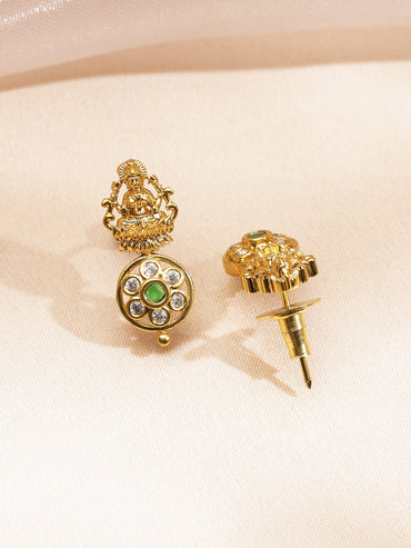 Rubans 22K Gold-Plated White & Green Kundan Studded Brass Temple Floral Necklace Set Jewellery Set