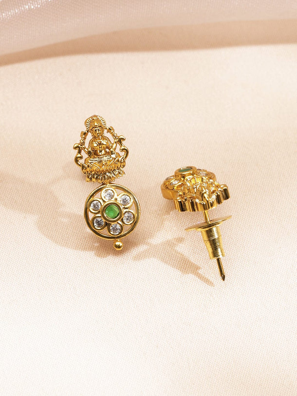 Rubans 22K Gold-Plated White & Green Kundan Studded Brass Temple Floral Necklace Set Jewellery Set