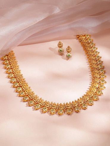 Rubans 22K Gold-Plated White & Green Kundan Temple Floral Mid Length Brass Necklace Set Jewellery Set