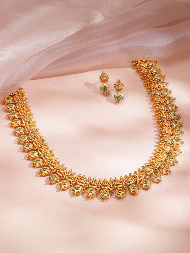 Rubans 22K Gold-Plated White & Green Kundan Temple Floral Mid Length Brass Necklace Set Jewellery Set