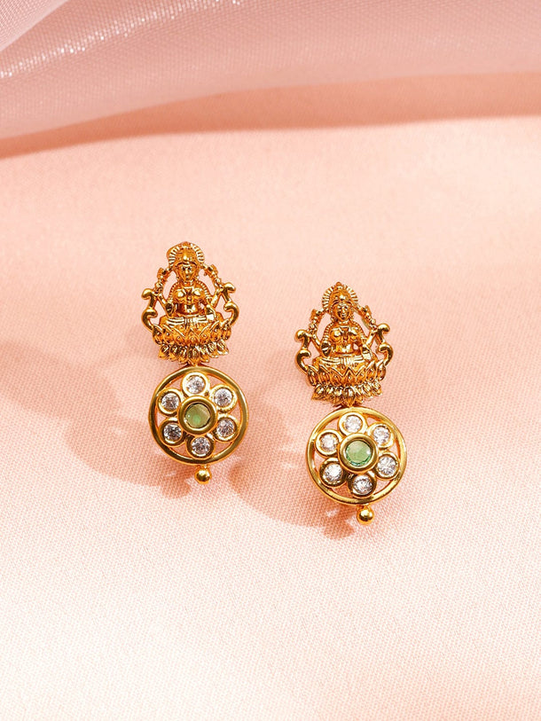 Rubans 22K Gold-Plated White & Green Kundan Temple Floral Mid Length Brass Necklace Set Jewellery Set