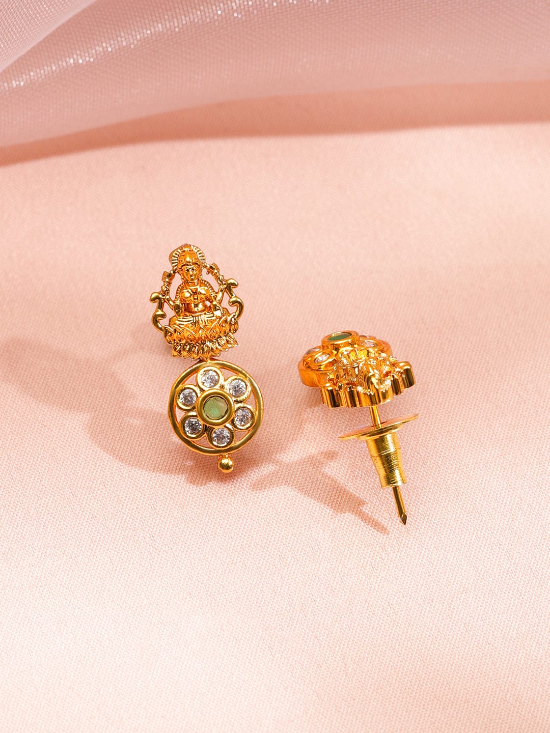 Rubans 22K Gold-Plated White & Green Kundan Temple Floral Mid Length Brass Necklace Set Jewellery Set