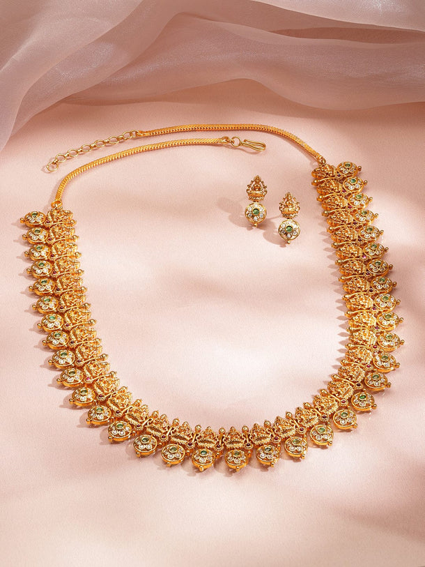 Rubans 22K Gold-Plated White & Green Kundan Temple Floral Mid Length Brass Necklace Set Jewellery Set