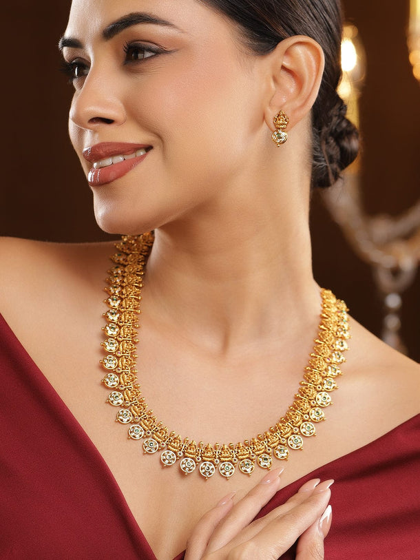 Rubans 22K Gold-Plated White & Green Kundan Temple Floral Mid Length Brass Necklace Set Necklace Sets