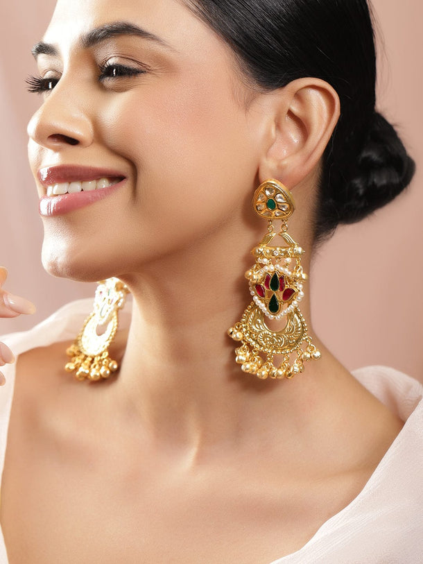 Rubans 22K Gold-Plated White, Green & Pink Kundan Stone and Pearl & Golden Beads Long Drop Earrings Earrings