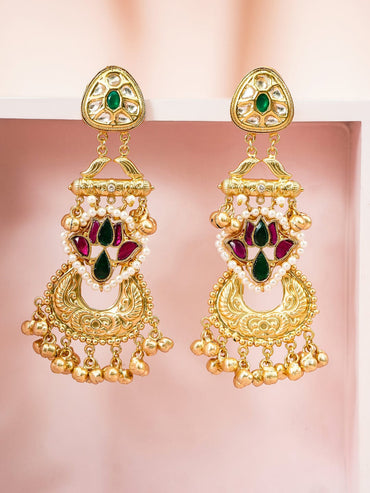 Rubans 22K Gold-Plated White, Green & Pink Kundan Stone and Pearl & Golden Beads Long Drop Earrings Earrings