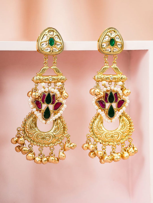 Rubans 22K Gold-Plated White, Green & Pink Kundan Stone and Pearl & Golden Beads Long Drop Earrings Earrings