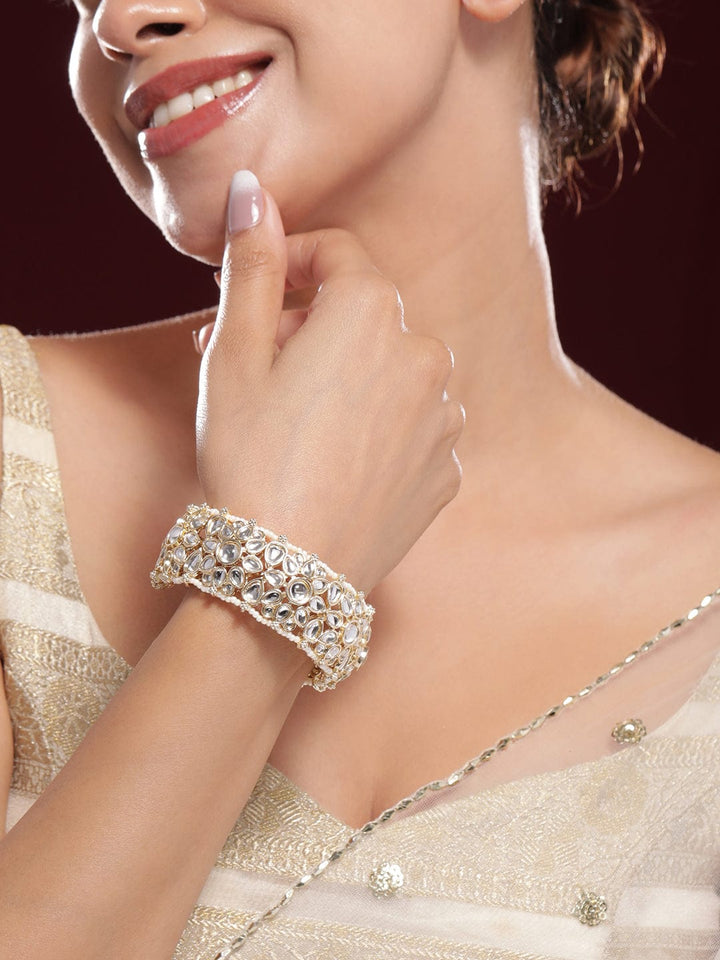 Rubans 22K Gold-Plated White Kundan and Pearl-Studded Statement Bracelet Bangles & Bracelets