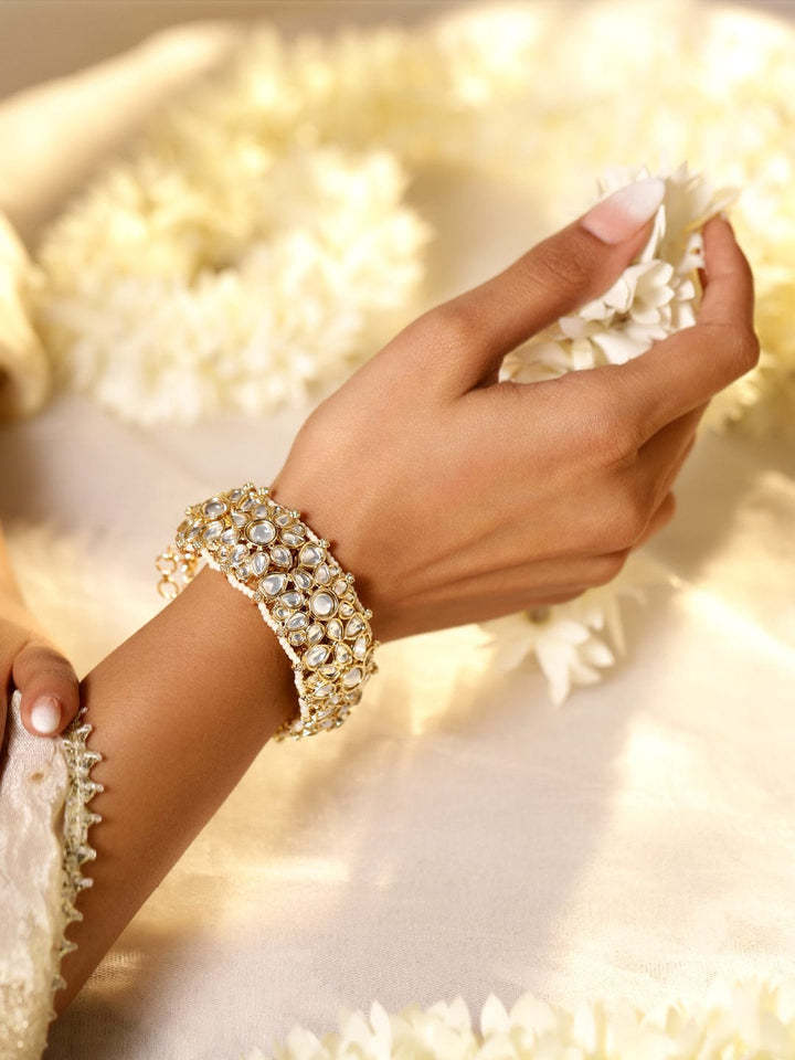 Rubans 22K Gold-Plated White Kundan and Pearl-Studded Statement Bracelet Bangles & Bracelets