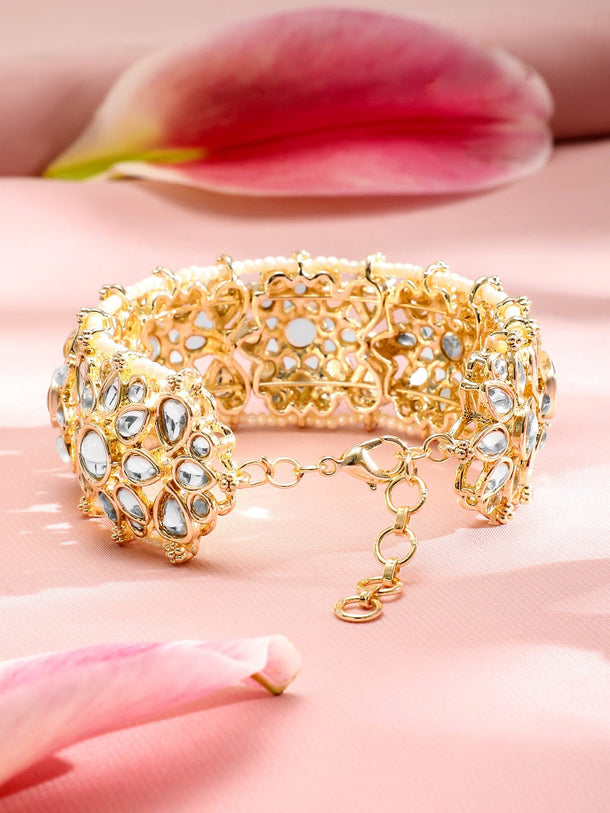 Rubans 22K Gold-Plated White Kundan and Pearl-Studded Statement Bracelet Wristwear
