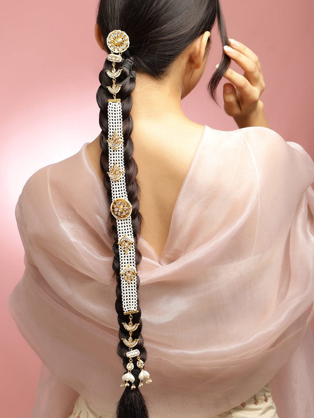 Rubans 22K Gold-Plated White Kundan & Cream Pearl Beaded Crescent Motif Handcrafted Head Jewellery for Brides & Bridesmaids Head Jewellery