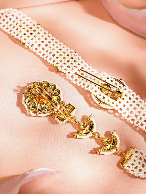 Rubans 22K Gold-Plated White Kundan & Cream Pearl Beaded Crescent Motif Handcrafted Head Jewellery for Brides & Bridesmaids Head Jewellery