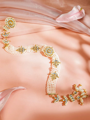 Rubans 22K Gold-Plated White Kundan & Cream Pearl Beaded Crescent Motif Handcrafted Head Jewellery for Brides & Bridesmaids Head Jewellery