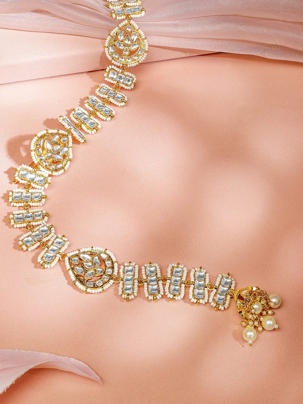 Rubans 22K Gold-Plated White Kundan & Cream Pearl Beaded Handcrafted Hair Accessories for Brides & Bridesmaids Head Jewellery