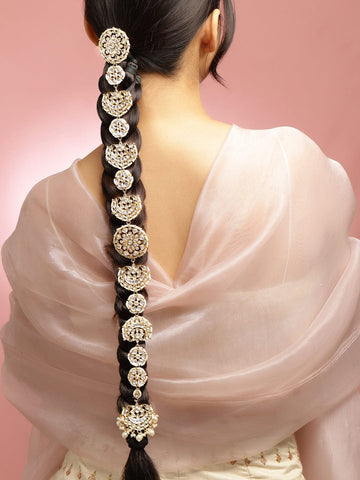 Rubans 22K Gold-Plated White Kundan & Cream Pearl Beaded Handcrafted Head Jewellery for Women for Brides & Bridesmaids Head Jewellery