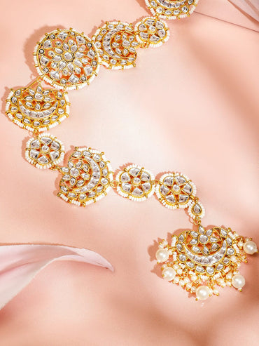 Rubans 22K Gold-Plated White Kundan & Cream Pearl Beaded Handcrafted Head Jewellery for Women for Brides & Bridesmaids Head Jewellery