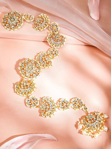 Rubans 22K Gold-Plated White Kundan & Cream Pearl Beaded Handcrafted Head Jewellery for Women for Brides & Bridesmaids Head Jewellery