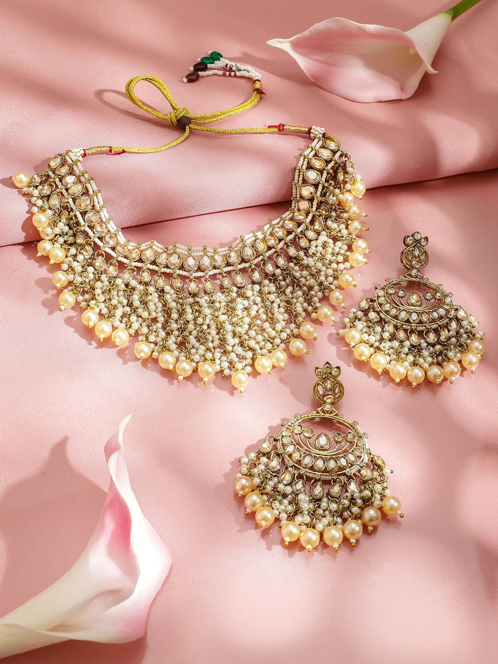 Rubans 22K Gold-Plated White Kundan & Cream Pearl Beads Handcrafted Bridal Necklace Set Jewellery Set
