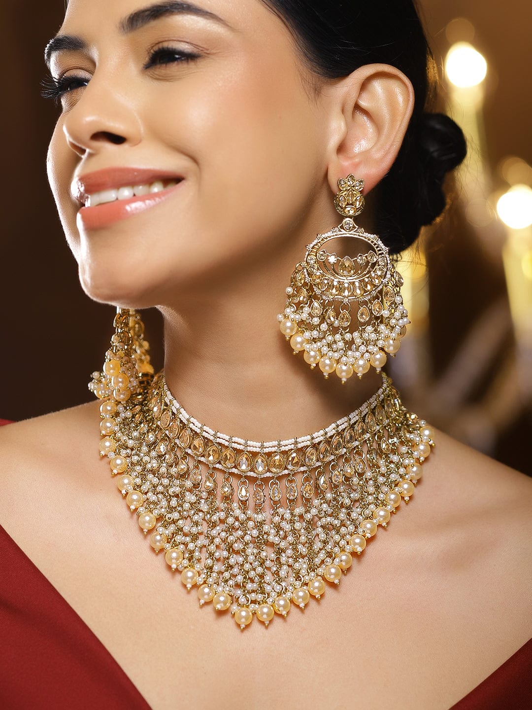 Rubans 22K Gold-Plated White Kundan & Cream Pearl Beads Handcrafted Bridal Necklace Set Necklace Sets