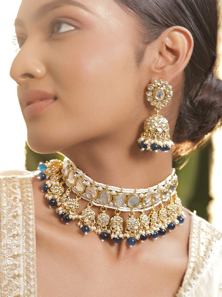 Rubans 22K Gold-Plated White Kundan, Cubic Zirconia & Dark Blue Pearl Beaded Choker Set Necklace Sets